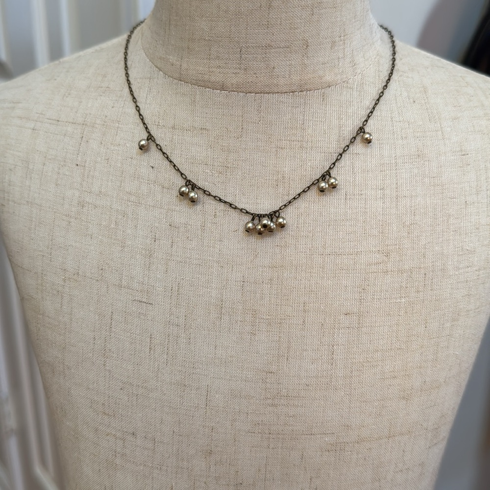 “Antique Gold” tone Short Necklace: Intricate Design, Delicate Pearlized Beads